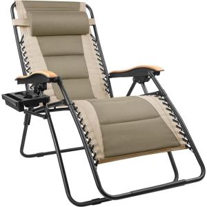 imageFREE SOLDIER Oversized XL Padded Adjustable Reclining Folding Chair with Cup Holder 400lb Capacity Gravity Chairs Anti Gravity Chairs Zero Gravity Chairs Khaki