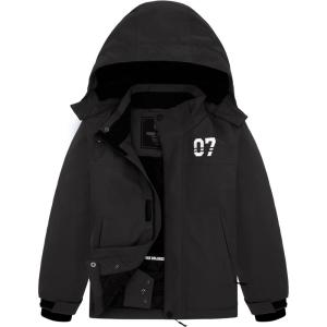 imageFREE SOLDIER Boys Girls Waterproof Ski Jacket Fleece Lined Warm Winter Snow Coat Kids Winter Jacket with Detachable HoodBlack