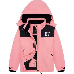 imageFREE SOLDIER Boys Girls Waterproof Ski Jacket Fleece Lined Warm Winter Snow Coat Kids Winter Jacket with Detachable HoodCoral Pink