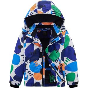 imageFREE SOLDIER Boys Girls Waterproof Ski Jacket Fleece Lined Warm Winter Snow Coat Kids Winter Jacket with Detachable HoodDoodle Dot
