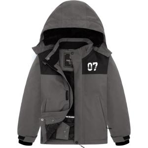 imageFREE SOLDIER Boys Girls Waterproof Ski Jacket Fleece Lined Warm Winter Snow Coat Kids Winter Jacket with Detachable HoodGray