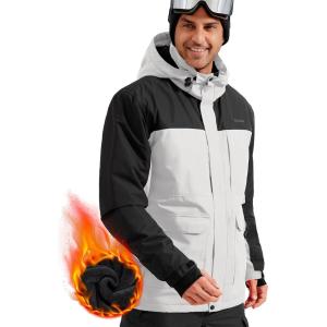 imageFREE SOLDIER Mens Waterproof Ski Jacket Fleece Lined Warm Winter Snow Coat with Hood Fully Taped SeamsWhite Black