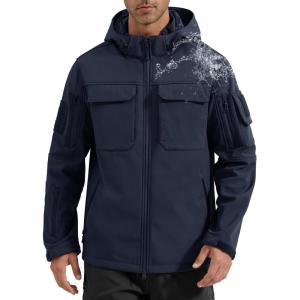 imageFREE SOLDIER Mens Waterproof Softshell Jacket Thick Fleece Lined Outdoor Jacket Tactical Military Hoodie WindbreakerDark Navy