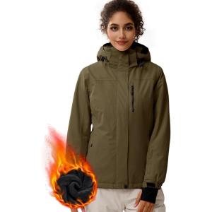 imageFREE SOLDIER Womens Waterproof Ski Snow Jacket Fleece Lined Warm Winter Rain Jacket with Hood Fully Taped SeamsArmy Green