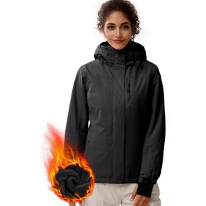 imageFREE SOLDIER Womens Waterproof Ski Snow Jacket Fleece Lined Warm Winter Rain Jacket with Hood Fully Taped SeamsBlack