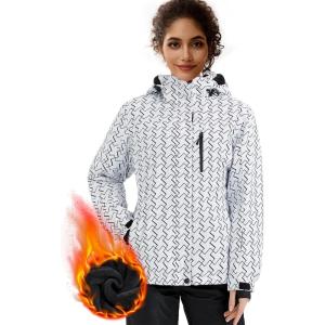 imageFREE SOLDIER Womens Waterproof Ski Snow Jacket Fleece Lined Warm Winter Rain Jacket with Hood Fully Taped SeamsGeometric Plaid
