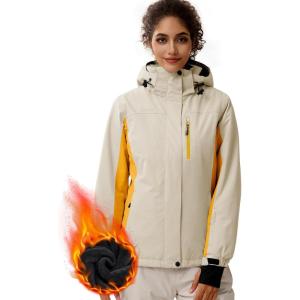 imageFREE SOLDIER Womens Waterproof Ski Snow Jacket Fleece Lined Warm Winter Rain Jacket with Hood Fully Taped SeamsLight KhakiGinger Yellow