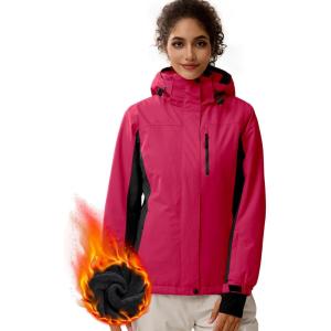 imageFREE SOLDIER Womens Waterproof Ski Snow Jacket Fleece Lined Warm Winter Rain Jacket with Hood Fully Taped SeamsRose Red