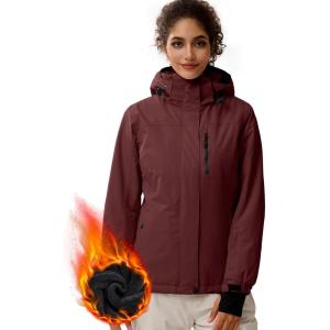 imageFREE SOLDIER Womens Waterproof Ski Snow Jacket Fleece Lined Warm Winter Rain Jacket with Hood Fully Taped SeamsWine Red
