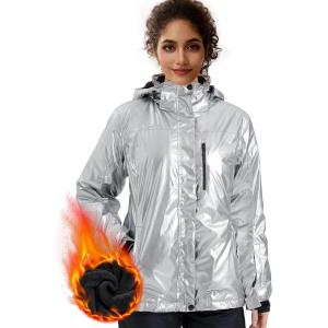 imageFREE SOLDIER Womens Waterproof Ski Snow Jacket Fleece Lined Warm Winter Rain Jacket with Hood Fully Taped SeamsSilver