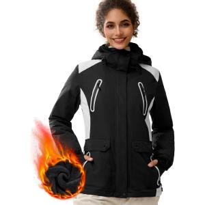 imageFREE SOLDIER Womens Waterproof Ski Snow Jacket Warm Fleece Lined Winter Rain Jacket with Hood Fully Taped SeamsBlack White