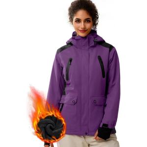 imageFREE SOLDIER Womens Waterproof Ski Snow Jacket Warm Fleece Lined Winter Rain Jacket with Hood Fully Taped SeamsViolet Purple