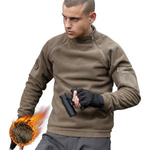 imageFREE SOLDIER Mens Tactical Fleece Lined Jacket Long Sleeve Crewneck Sweatshirts Pullover with Pockets Commando SweaterMoss Coyote