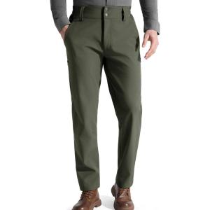 imageFREE SOLDIER Mens Warm Windproof Winter Fleece Lined Pants Hiking ExpandableWaist Softshell Snow Ski PantsOlive
