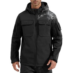 imageFREE SOLDIER Mens Waterproof Softshell Jacket Fleece Lined Outdoor Jacket Tactical Military Hoodie WindbreakerClassic Black
