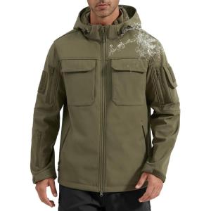 imageFREE SOLDIER Mens Waterproof Softshell Jacket Fleece Lined Outdoor Jacket Tactical Military Hoodie WindbreakerClassic Green