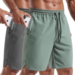 imageFREE SOLDIER 2 Pack Mens Athletic Running Shorts 9 Quick Dry Gym Basketball Shorts Lightweight Workout Shorts with PocketsGreygreen