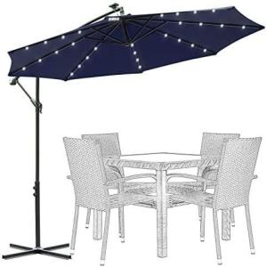 imageFREE SOLDIER 10FT Patio Offset Umbrella with 32 LED Lights Solar LED Cantilever Umbrella With Crank and Cross Base Outdoor Hanging Market Patio Umbrella for Garden Yard Deck PoolNavy