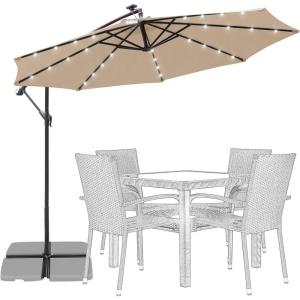 imageFREE SOLDIER 10FT Patio Offset Umbrella with 32 LED Lights Solar LED Cantilever Umbrella With Crank and Cross Base Outdoor Hanging Market Patio Umbrella for Garden Yard Deck PoolBeige