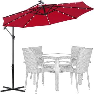 imageFREE SOLDIER 10FT Patio Offset Umbrella with 32 LED Lights Solar LED Cantilever Umbrella With Crank and Cross Base Outdoor Hanging Market Patio Umbrella for Garden Yard Deck PoolBurgundy